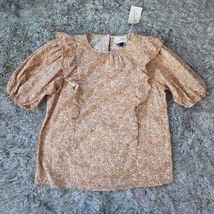 Universal Thread Short Puff Sleeve Ruffle Detail Orange Floral Blouse Size Small